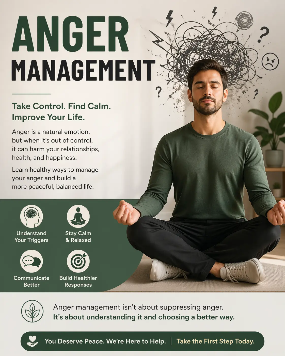 Person feeling emotionally regulated, calm and in control after completing anger management therapy at MyTherapistHub